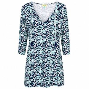 Women's Coastal Tunic Dress Blue Aqua Goemetric Shift V-neck Beach Resort L/XL